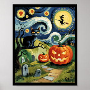 Vintage Halloween Black Cat On A Y Night Spooky Poster
