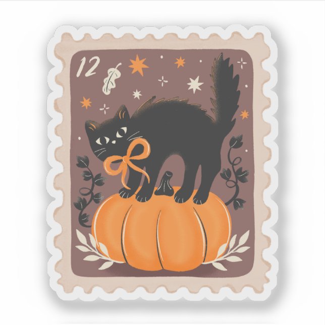 Vintage Halloween Black Cat on Pumpkin Stamp (Front)