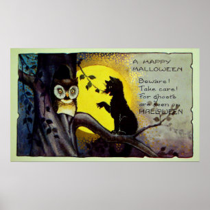 Vintage Halloween black cat owl decor poster