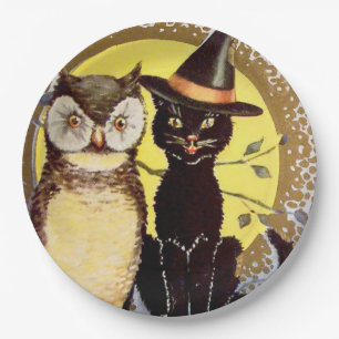 vintage Halloween black cat owl party Paper Plate