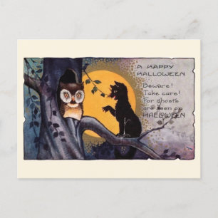 Vintage Halloween Black Cat Owl Victorian Poem Postcard