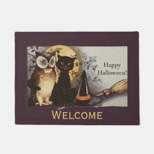 Vintage Halloween Black Cat & Owl Witch Hat Moon Doormat