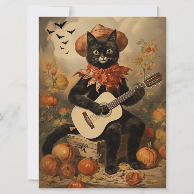 Vintage Halloween Black Cat Playing Guitar Card (Front)
