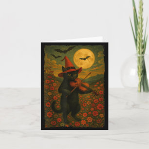 Vintage Halloween Black Cat Playing Violin In A Card