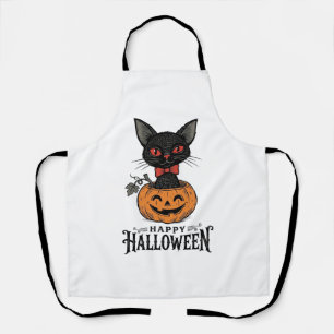 Vintage Halloween Black Cat Pumpkin Shirt Design_1 Apron