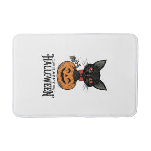 Vintage Halloween Black Cat Pumpkin Shirt Design_1 Bath Mat