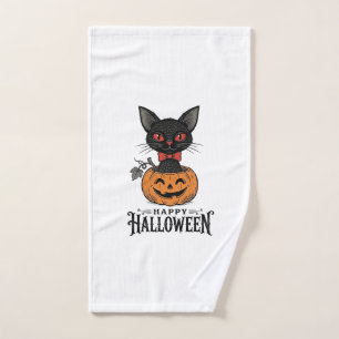 Vintage Halloween Black Cat Pumpkin Shirt Design_1 Hand Towel