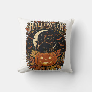 Vintage Halloween Black Cat & Pumpkin Throw Pillow