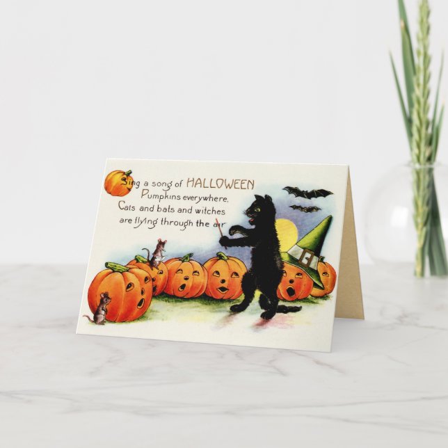 Vintage Halloween, Black Cat, Pumpkins Card (Front)