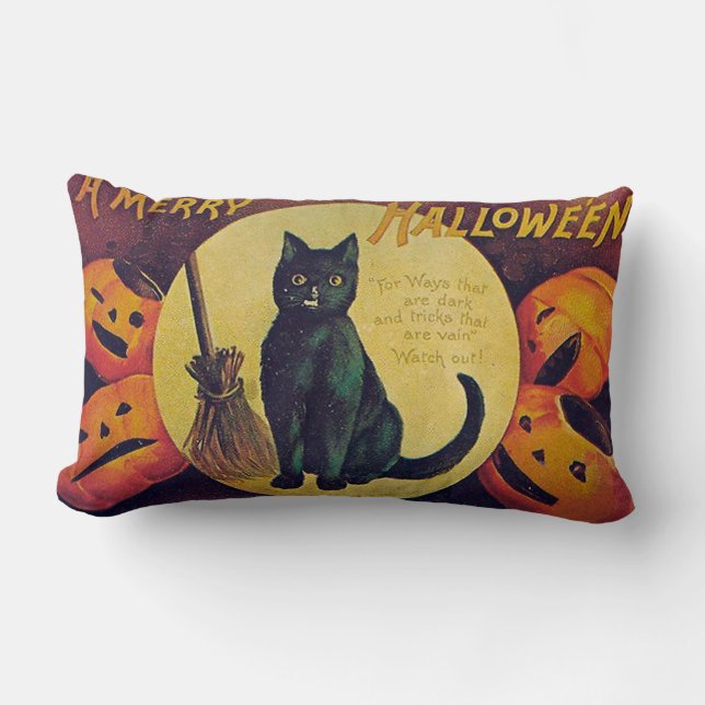 Vintage Halloween Black Cat Throw Pillow (Front)