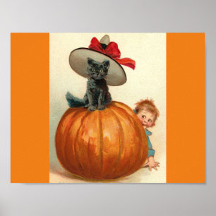 Vintage Halloween Black Cat Witch Hat Pumpkin Baby Poster