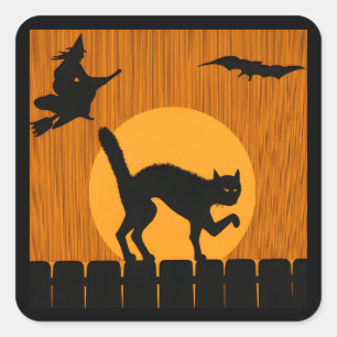Vintage Halloween Black Cat, Witch Moon Silhouette Square Sticker