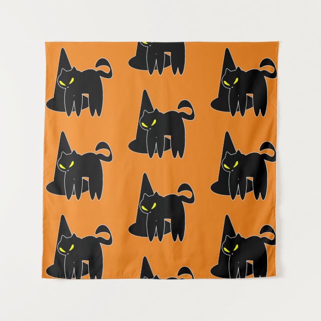 Vintage Halloween Black Cat Witch Orange Tapestry (Front)