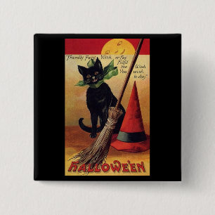 Vintage Halloween Black Cat, Witch's Broom and Hat 15 Cm Square Badge