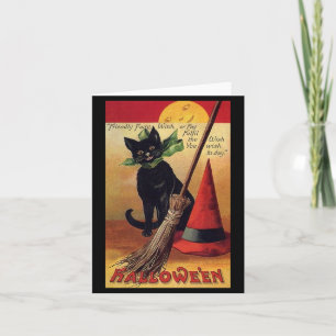 Vintage Halloween Black Cat, Witch's Broom and Hat Card