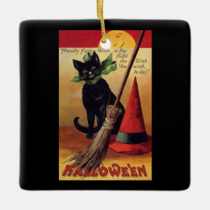 Vintage Halloween Black Cat, Witch's Broom and Hat Ceramic Tree Decoration