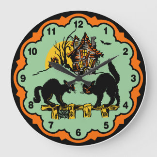 Vintage Halloween Black Cats And Haunted House Large Clock