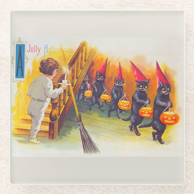 Vintage Halloween Black Cats Glass Coaster (Front)