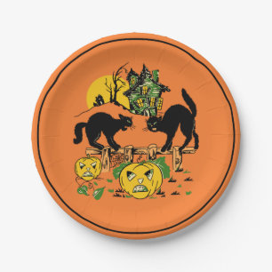 Vintage Halloween Black Cats & Haunted House Paper Plate