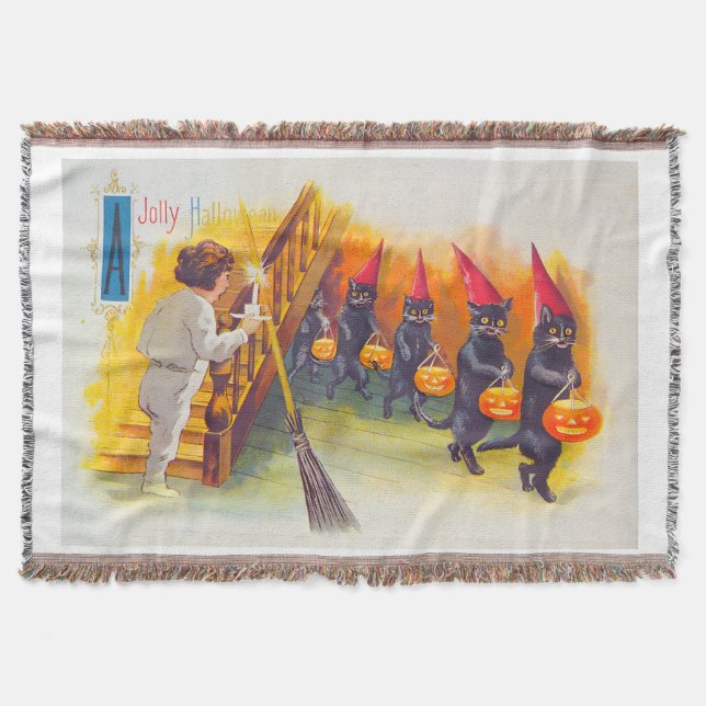Vintage Halloween Black Cats Throw Blanket (Front)