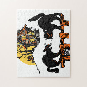 Vintage Halloween Black Cats Trick or Treat Jigsaw Puzzle