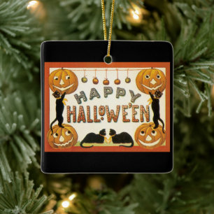 Vintage Halloween, Black Cats with Jackolanterns Ceramic Tree Decoration