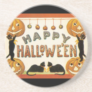 Vintage Halloween, Black Cats with Jackolanterns Coaster