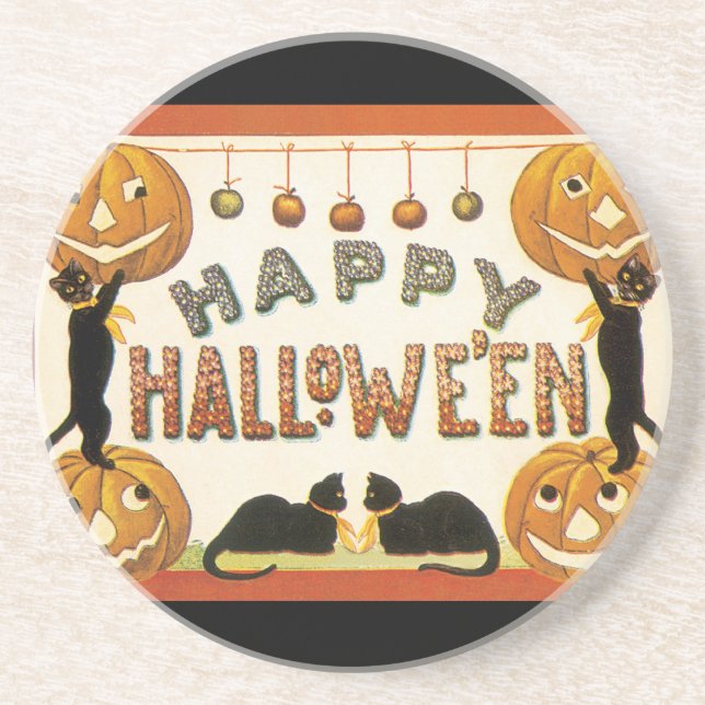 Vintage Halloween, Black Cats with Jackolanterns Coaster (Front)