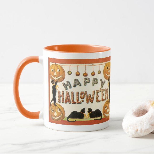 Vintage Halloween, Black Cats with Jackolanterns Mug (With Donut)