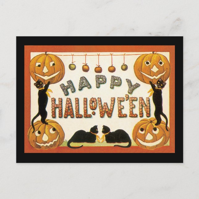 Vintage Halloween, Black Cats with Jackolanterns Postcard (Front)