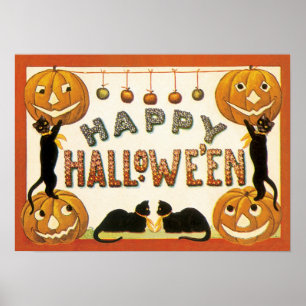 Vintage Halloween, Black Cats with Jackolanterns Poster