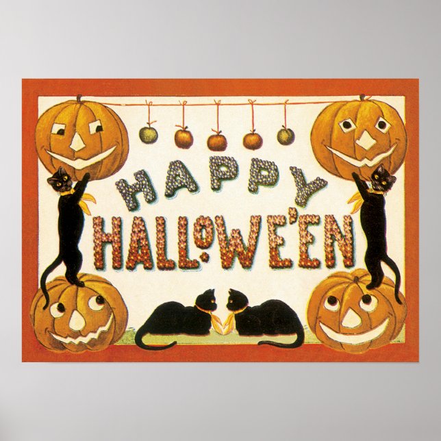 Vintage Halloween, Black Cats with Jackolanterns Poster (Front)