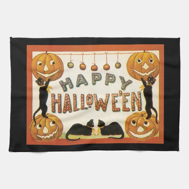 Vintage Halloween, Black Cats with Jackolanterns Tea Towel (Horizontal)