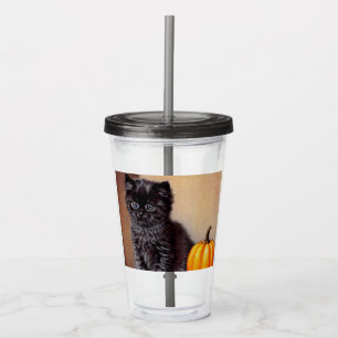 Vintage Halloween Black Kitten Illustration Acrylic Tumbler