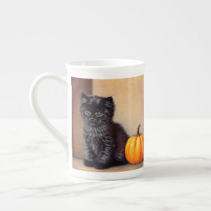 Vintage Halloween Black Kitten Illustration Bone China Mug
