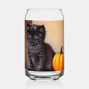 Vintage Halloween Black Kitten Illustration Can Glass
