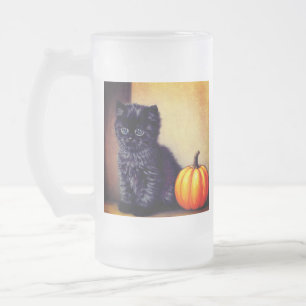 Vintage Halloween Black Kitten Illustration Frosted Glass Beer Mug