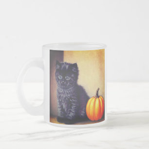 Vintage Halloween Black Kitten Illustration Frosted Glass Coffee Mug
