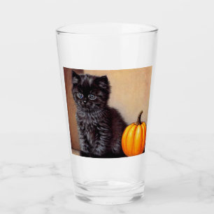 Vintage Halloween Black Kitten Illustration Glass