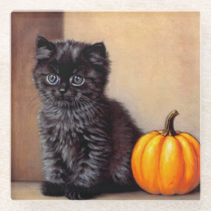 Vintage Halloween Black Kitten Illustration Glass Coaster