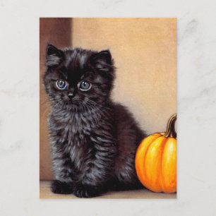 Vintage Halloween Black Kitten Illustration Holiday Postcard