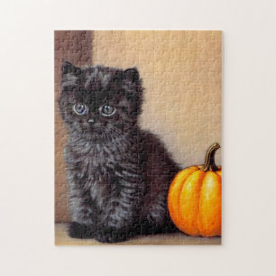 Vintage Halloween Black Kitten Illustration Jigsaw Puzzle