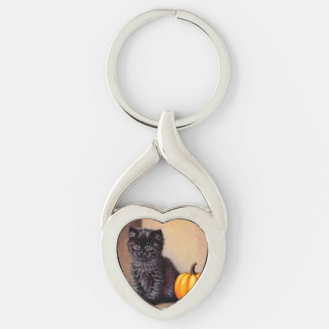 Vintage Halloween Black Kitten Illustration Key Ring (Front)