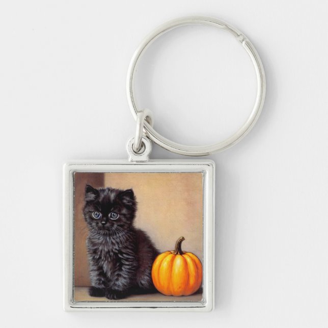 Vintage Halloween Black Kitten Illustration Key Ring (Front)