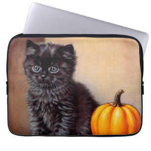 Vintage Halloween Black Kitten Illustration Laptop Sleeve