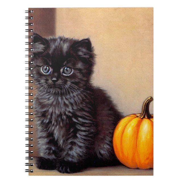 Vintage Halloween Black Kitten Illustration Notebook (Front)