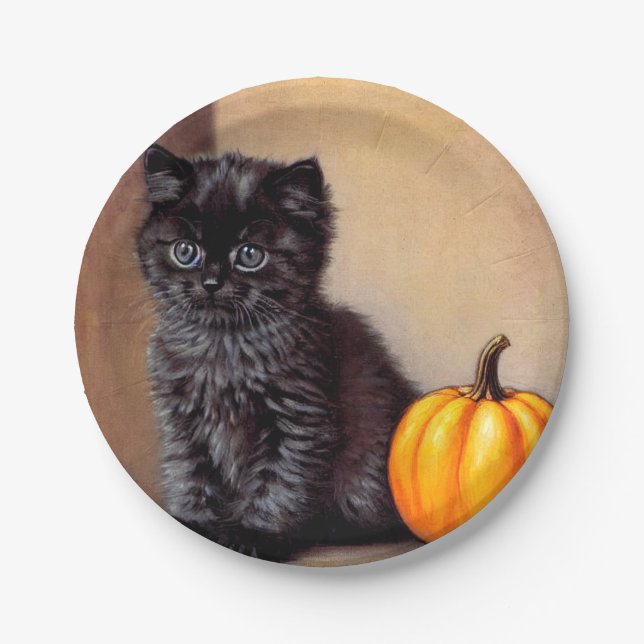 Vintage Halloween Black Kitten Illustration Paper Plate (Front)