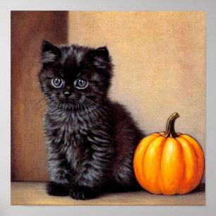 Vintage Halloween Black Kitten Illustration Poster
