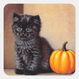 Vintage Halloween Black Kitten Illustration Square Sticker