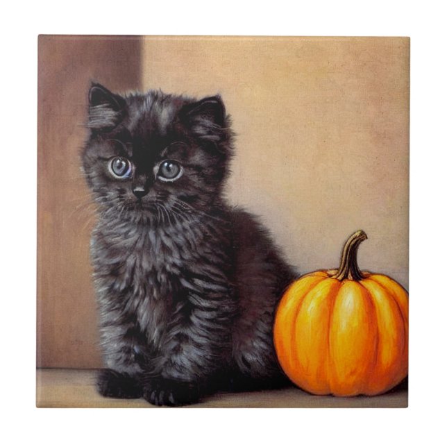 Vintage Halloween Black Kitten Illustration Tile (Front)